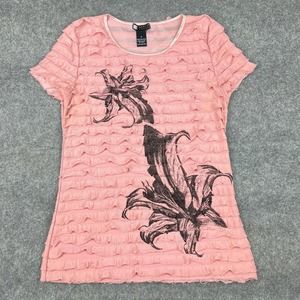 Carole Little Shirt Womens Medium Pink Floral Ruffle Short Sleeve Tee‎ VTG USA